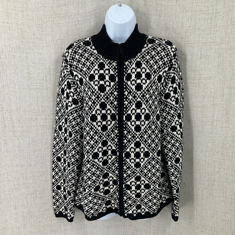 Talbots Cardigan Sweater Women Large Black White Geometric Full Zip Classic Mock